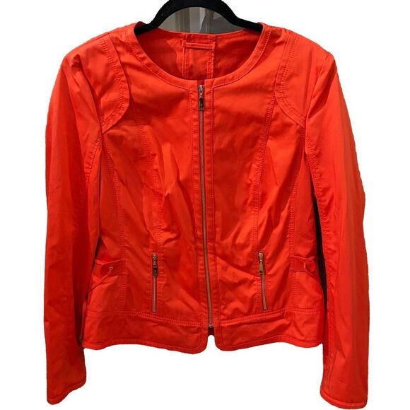 BASLER coral light weather moto jacket w zipper accents tie waist detail. Sz M - Picture 2 of 12